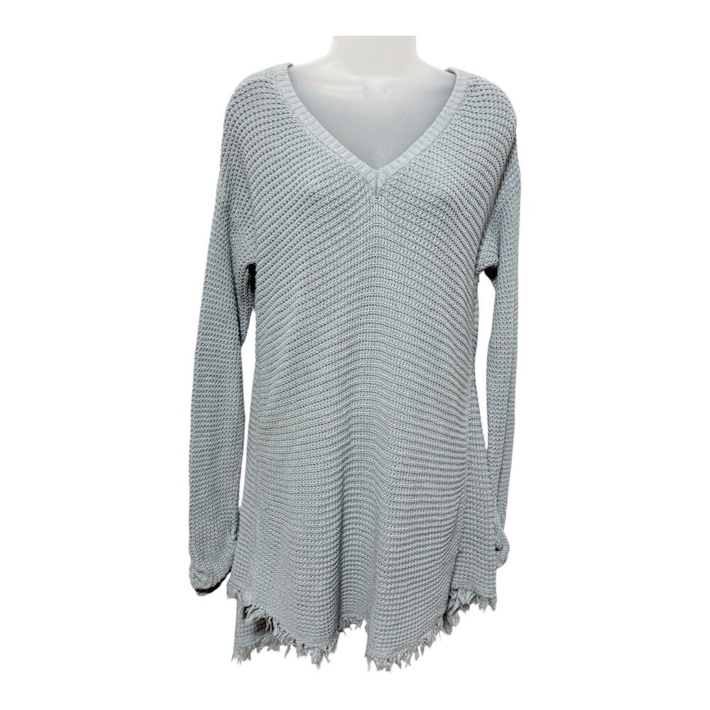 Womens Cotton Knit V Neck Tunic Sweater Frayed Hem M/L Long Sleeve